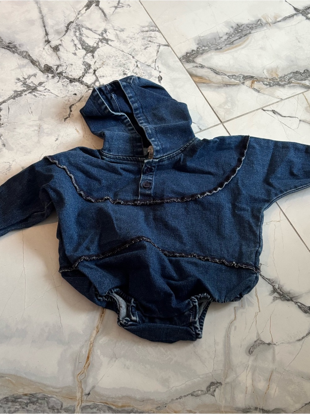 Baby Girls' Hooded Denim Romper in Dark Blue